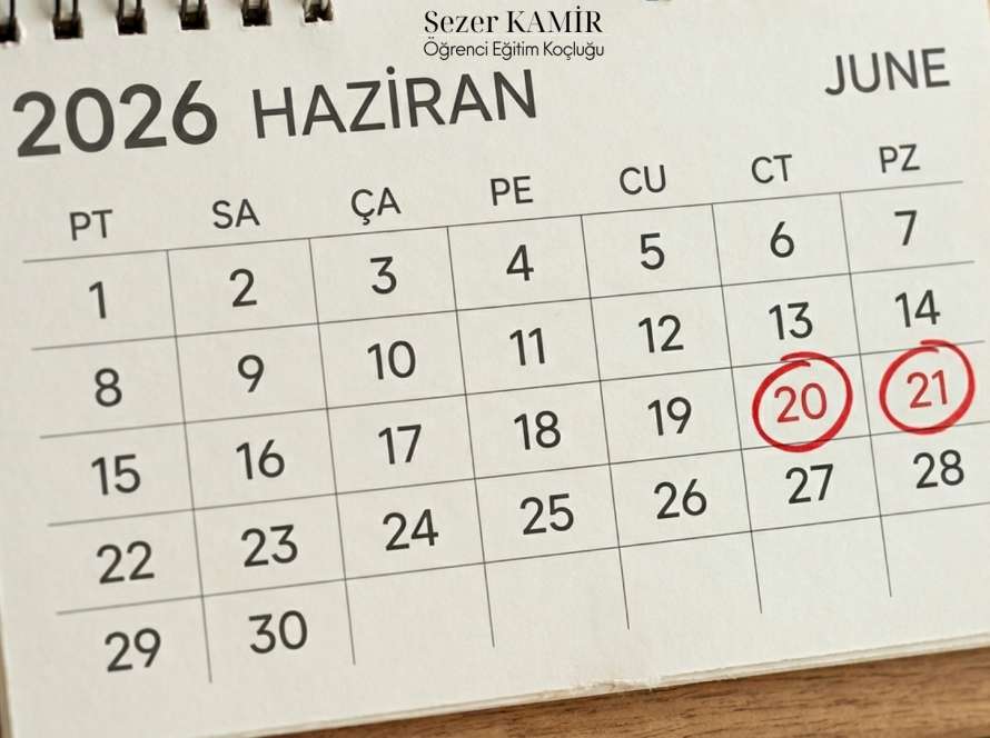 Sezer Kamir YKS Son 1 Ay Rehberi - 2026 Haziran ayı takvimi üzerinde kırmızı daire içine alınmış 20 ve 21 Haziran sınav günleri.